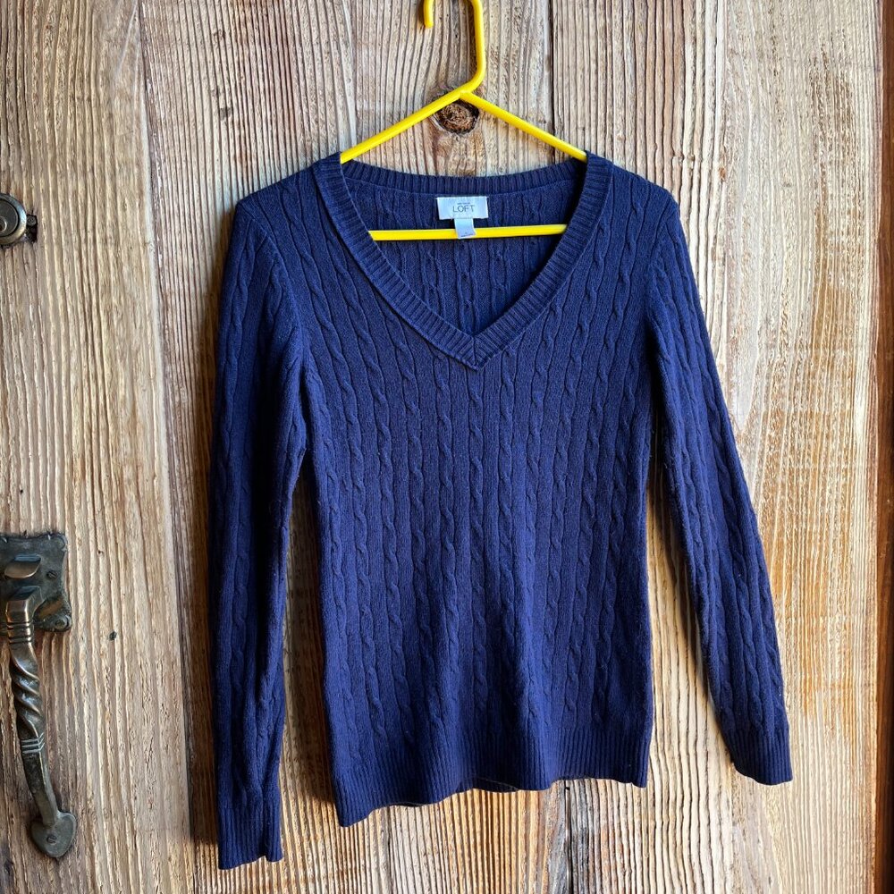 Loft Rabbit Fur Blend Cabled V-Neck Navy Pullover S